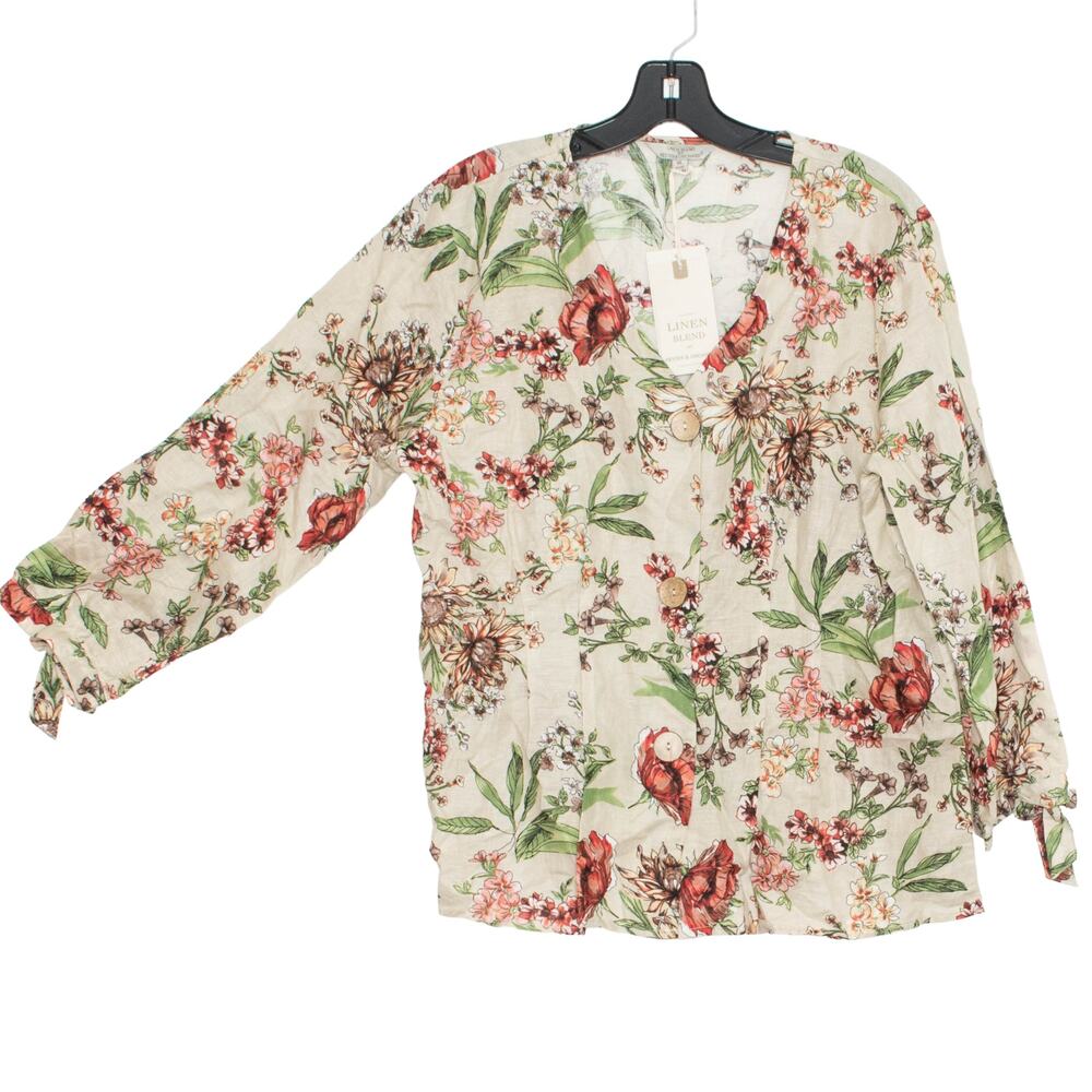 NWT Linen Blend Floral Button Up Top XL Lightweight Spring Boho Cottagecore